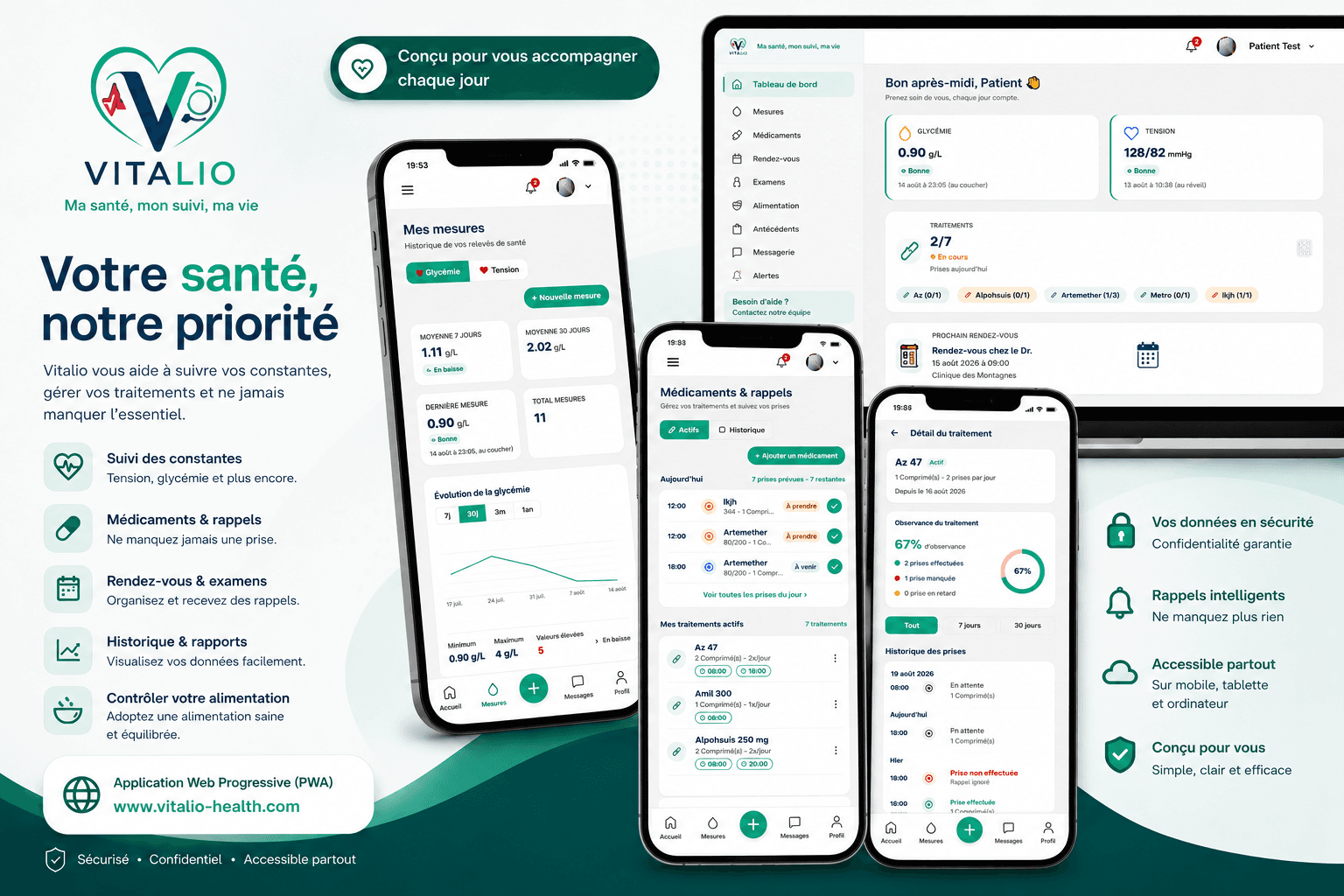 Aperçu de l'application Vitalio sur ordinateur et mobile